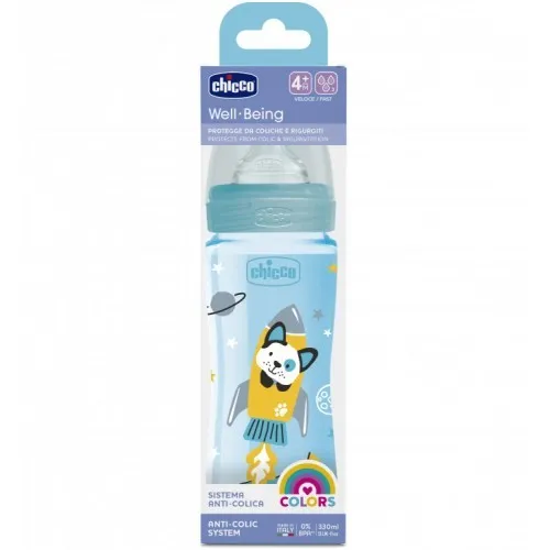 Chicco Biberon Well-Being - 330ml - Tétine silicone - Bleu 4M+